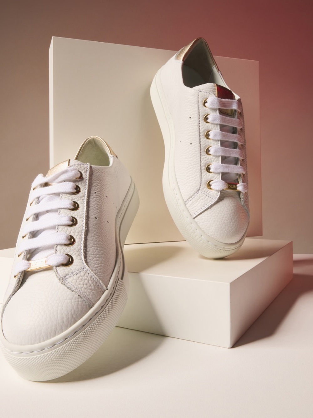 Calla Women’s White Leather Sneakers with Gold Accent Heel